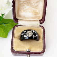 Cargar imagen en el visor de la galería, Antique Victorian Whitby Jet Mourning Ring. Victorian Black Domed Band Ring With Paste Diamonds. Saints Devotional Ring In Antique Box