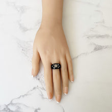 Cargar imagen en el visor de la galería, Antique Victorian Whitby Jet Mourning Ring. Victorian Black Domed Band Ring With Paste Diamonds. Saints Devotional Ring In Antique Box