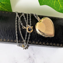 Cargar imagen en el visor de la galería, Vintage 9ct Rolled Gold Heart Locket & Original Chain. Art Deco Revival Engraved Sunburst Locket, Gold Chain. Love Heart Locket Necklace