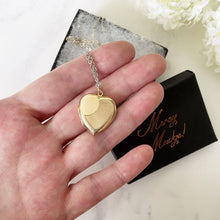 Cargar imagen en el visor de la galería, Vintage 9ct Rolled Gold Heart Locket & Original Chain. Art Deco Revival Engraved Sunburst Locket, Gold Chain. Love Heart Locket Necklace
