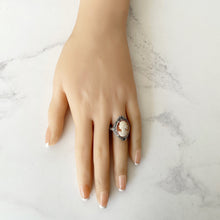Cargar imagen en el visor de la galería, Antique Cameo Ring. 9ct Gold, Sterling Silver & Marcasite Cameo Ring. Edwardian/Art Deco Marquise Ring In Old Box, UK Q-1/2, US 8.25, EU 57