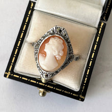 Cargar imagen en el visor de la galería, Antique Cameo Ring. 9ct Gold, Sterling Silver & Marcasite Cameo Ring. Edwardian/Art Deco Marquise Ring In Old Box, UK Q-1/2, US 8.25, EU 57