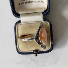 Cargar imagen en el visor de la galería, Antique Cameo Ring. 9ct Gold, Sterling Silver & Marcasite Cameo Ring. Edwardian/Art Deco Marquise Ring In Old Box, UK Q-1/2, US 8.25, EU 57
