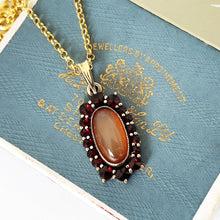 Cargar imagen en el visor de la galería, Antique Bohemian Garnet & Glass Jelly Opal Pendant. Edwardian Red Garnet, Dragons Breath Opal Pendant With Gold Chain, Czechoslovakia