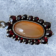 Cargar imagen en el visor de la galería, Antique Bohemian Garnet & Glass Jelly Opal Pendant. Edwardian Red Garnet, Dragons Breath Opal Pendant With Gold Chain, Czechoslovakia