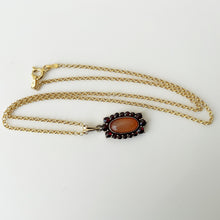 Cargar imagen en el visor de la galería, Antique Bohemian Garnet & Glass Jelly Opal Pendant. Edwardian Red Garnet, Dragons Breath Opal Pendant With Gold Chain, Czechoslovakia