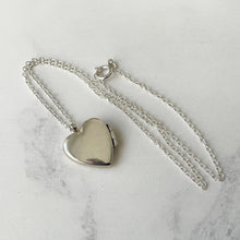 Cargar imagen en el visor de la galería, Vintage Sterling Silver Love Heart Locket & Chain. Engraved Sweetheart Locket Necklace. Puffy 2-Photo Apple Heart Locket, Belcher Chain