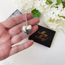 Cargar imagen en el visor de la galería, Vintage Sterling Silver Love Heart Locket & Chain. Engraved Sweetheart Locket Necklace. Puffy 2-Photo Apple Heart Locket, Belcher Chain