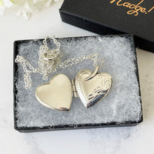 Cargar imagen en el visor de la galería, Vintage Sterling Silver Love Heart Locket & Chain. Engraved Sweetheart Locket Necklace. Puffy 2-Photo Apple Heart Locket, Belcher Chain