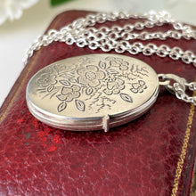 Charger l'image dans la galerie, Vintage Sterling Silver Rose Engraved Locket & Chain. Antique Victorian Style Sweetheart Locket. Oval 2-Photo Locket Necklace, Germany