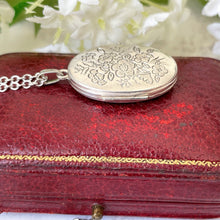 Charger l'image dans la galerie, Vintage Sterling Silver Rose Engraved Locket & Chain. Antique Victorian Style Sweetheart Locket. Oval 2-Photo Locket Necklace, Germany