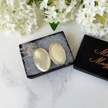 Charger l'image dans la galerie, Vintage Edwardian Style Sterling Silver Locket & Chain. Elongated Oval 2-Photo Locket, Engraved Border. Large Silver Locket Necklace