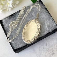 Charger l'image dans la galerie, Vintage Edwardian Style Sterling Silver Locket & Chain. Elongated Oval 2-Photo Locket, Engraved Border. Large Silver Locket Necklace