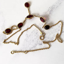 Cargar imagen en el visor de la galería, Vintage 1930s 18ct Gold Bohemian Garnet Necklace. Antique Art Deco Red Gemstone Pendant Drop Necklace. Gem Set Y Necklace, Princess Length