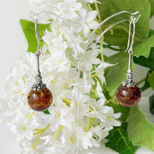 Cargar imagen en el visor de la galería, Vintage Silver Russian Baltic Amber Art Nouveau Style Earrings. Sterling Silver Long Pendant Drop Fiery Amber Earrings, Arts & Crafts Style