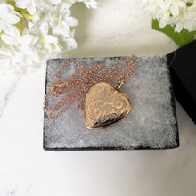 Load image into Gallery viewer, Antique Victorian Rose Gold Heart Locket & Chain. Flower and Fern Engraved Rolled Gold Photo Locket. Large Puffy 2-Photo Locket Necklace