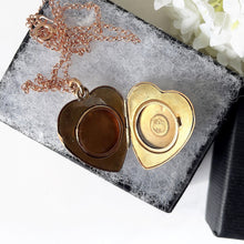 Load image into Gallery viewer, Antique Victorian Rose Gold Heart Locket & Chain. Flower and Fern Engraved Rolled Gold Photo Locket. Large Puffy 2-Photo Locket Necklace