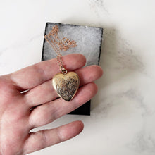 Load image into Gallery viewer, Antique Victorian Rose Gold Heart Locket & Chain. Flower and Fern Engraved Rolled Gold Photo Locket. Large Puffy 2-Photo Locket Necklace