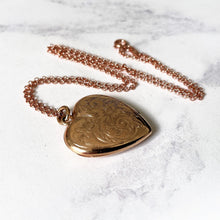 Load image into Gallery viewer, Antique Victorian Rose Gold Heart Locket & Chain. Flower and Fern Engraved Rolled Gold Photo Locket. Large Puffy 2-Photo Locket Necklace
