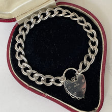 Charger l'image dans la galerie, Vintage English Silver Curb Chain Bracelet, Heart Padlock Clasp. Sterling Silver Sweetheart/Engagement Bracelet. Romantic Jewelry Gifts.