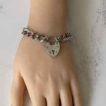 Charger l'image dans la galerie, Vintage English Silver Curb Chain Bracelet, Heart Padlock Clasp. Sterling Silver Sweetheart/Engagement Bracelet. Romantic Jewelry Gifts.