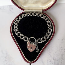 Charger l'image dans la galerie, Vintage English Silver Curb Chain Bracelet, Heart Padlock Clasp. Sterling Silver Sweetheart/Engagement Bracelet. Romantic Jewelry Gifts.