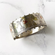 Charger l'image dans la galerie, Antique Victorian Wide Cuff Bracelet. Engraved Birds & Butterfly Silver, Gold Victorian Aesthetic Bangle. Antique English Silver Bracelet.