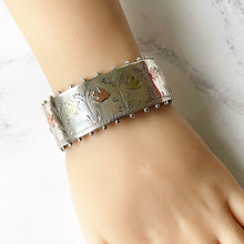 Charger l'image dans la galerie, Antique Victorian Wide Cuff Bracelet. Engraved Birds & Butterfly Silver, Gold Victorian Aesthetic Bangle. Antique English Silver Bracelet.