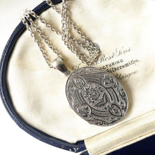 Cargar imagen en el visor de la galería, Antique Victorian Silver Sweetheart Locket and Chain. Hearts, Rose & Ivy Engraved Large Oval Locket. English Sterling Silver Locket Necklace