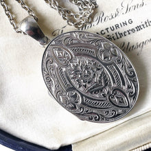 Cargar imagen en el visor de la galería, Antique Victorian Silver Sweetheart Locket and Chain. Hearts, Rose & Ivy Engraved Large Oval Locket. English Sterling Silver Locket Necklace