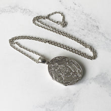 Cargar imagen en el visor de la galería, Antique Victorian Silver Sweetheart Locket and Chain. Hearts, Rose & Ivy Engraved Large Oval Locket. English Sterling Silver Locket Necklace