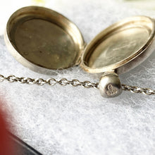 Cargar imagen en el visor de la galería, Antique Victorian Silver Sweetheart Locket and Chain. Hearts, Rose & Ivy Engraved Large Oval Locket. English Sterling Silver Locket Necklace