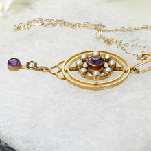Charger l'image dans la galerie, Antique Victorian 9ct Gold Lavalier Necklace. Edwardian/Art Nouveau Amethyst, Pearl Pendant Drop Necklace & Chain. Gold Lavaliere Necklace
