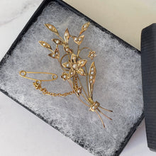 Cargar imagen en el visor de la galería, Antique Edwardian 9ct Gold & Pearl Flower Brooch. English Art Nouveau Floral Spray Brooch, Optional Box. Antique Bridal, Fine Jewelry Gift.