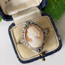 Cargar imagen en el visor de la galería, Antique Cameo Ring. 9ct Gold, Sterling Silver & Marcasite Cameo Ring. Edwardian/Art Deco Marquise Ring In Old Box, UK Q-1/2, US 8.25, EU 57