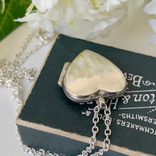Cargar imagen en el visor de la galería, Vintage Sterling Silver Love Heart Locket & Chain. Engraved Sweetheart Locket Necklace. Puffy 2-Photo Apple Heart Locket, Belcher Chain