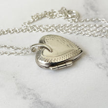 Load image into Gallery viewer, Vintage Sterling Silver Love Heart Locket &amp; Chain. Engraved Sweetheart Locket Necklace. Puffy 2-Photo Apple Heart Locket, Belcher Chain
