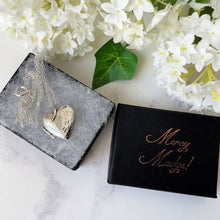 Cargar imagen en el visor de la galería, Vintage Sterling Silver Love Heart Locket & Chain. Engraved Sweetheart Locket Necklace. Puffy 2-Photo Apple Heart Locket, Belcher Chain