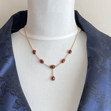 Cargar imagen en el visor de la galería, Vintage 1930s 18ct Gold Bohemian Garnet Necklace. Antique Art Deco Red Gemstone Pendant Drop Necklace. Gem Set Y Necklace, Princess Length