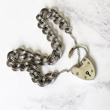 Charger l'image dans la galerie, Vintage English Silver Curb Chain Bracelet, Heart Padlock Clasp. Sterling Silver Sweetheart/Engagement Bracelet. Romantic Jewelry Gifts.