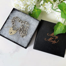 Charger l'image dans la galerie, Vintage English Silver Curb Chain Bracelet, Heart Padlock Clasp. Sterling Silver Sweetheart/Engagement Bracelet. Romantic Jewelry Gifts.