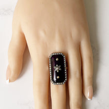Charger l'image dans la galerie, Antique Georgian Marquise Ring. Purple Amethyst Glass & Pearl Mourning Ring. Forget-Me-Not Ring. Rare Georgian Sentimental Memorial Jewelry