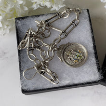 Cargar imagen en el visor de la galería, Antique Sterling Silver Albert Watch Chain With Glasgow Enamel Fob. Edwardian Fetter Chain. Antique Scottish Silver Watch Chain Bracelet