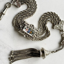 Cargar imagen en el visor de la galería, Antique Victorian Silver Albertina Bracelet. Victorian Sterling Pocket Watch Chain, Enamelled Rose Slider, Tassel, Hearts, T-Bar, Dog-Clip