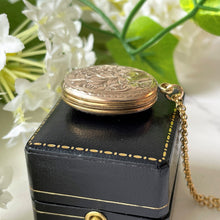 Cargar imagen en el visor de la galería, Antique Gold Gilt Locket With Victorian Photographs. Engraved 2-Sided Oval Locket With Chain. Antique Puffy Photo Locket Necklace