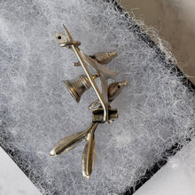 Load image into Gallery viewer, Antique Victorian Silver Sweetheart Brooch. Brides Lapel Pin, Love Birds, Bell, Mistletoe. Alternative Stock, Cravat, Tie Pin For Groom