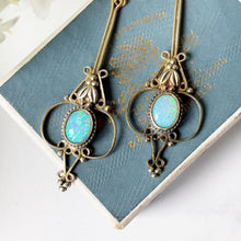 Cargar imagen en el visor de la galería, Antique Art Deco Opal Earrings. Edwardian/Art Nouveau Long Drop Pendant Earrings. Gold Gilt Precious Opal Earrings
