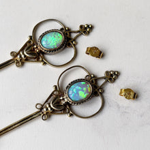 Cargar imagen en el visor de la galería, Antique Art Deco Opal Earrings. Edwardian/Art Nouveau Long Drop Pendant Earrings. Gold Gilt Precious Opal Earrings