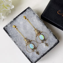 Cargar imagen en el visor de la galería, Antique Art Deco Opal Earrings. Edwardian/Art Nouveau Long Drop Pendant Earrings. Gold Gilt Precious Opal Earrings