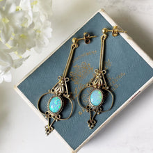 Cargar imagen en el visor de la galería, Antique Art Deco Opal Earrings. Edwardian/Art Nouveau Long Drop Pendant Earrings. Gold Gilt Precious Opal Earrings